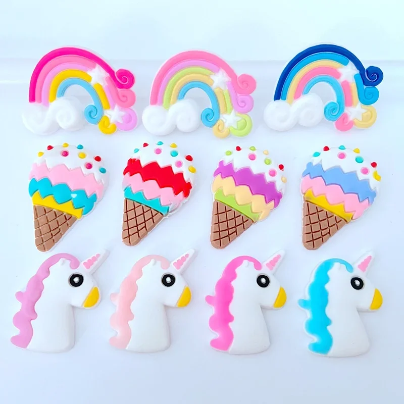 30Pcs/lots Cute Rainbow Unicorn Ice Cream Rubber Flatback Supplies DIY Hair Bows Center Jewelry Making Phone Shell Accessories