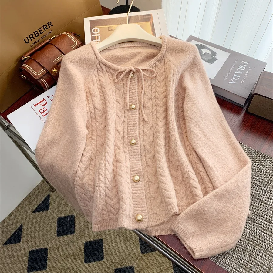 Lace Up Bow O-neck Sweater Women\'s Korean Style Spring Autumn New Long Sleeved Loose Knit Cardigan Top Single Breasted Jacket