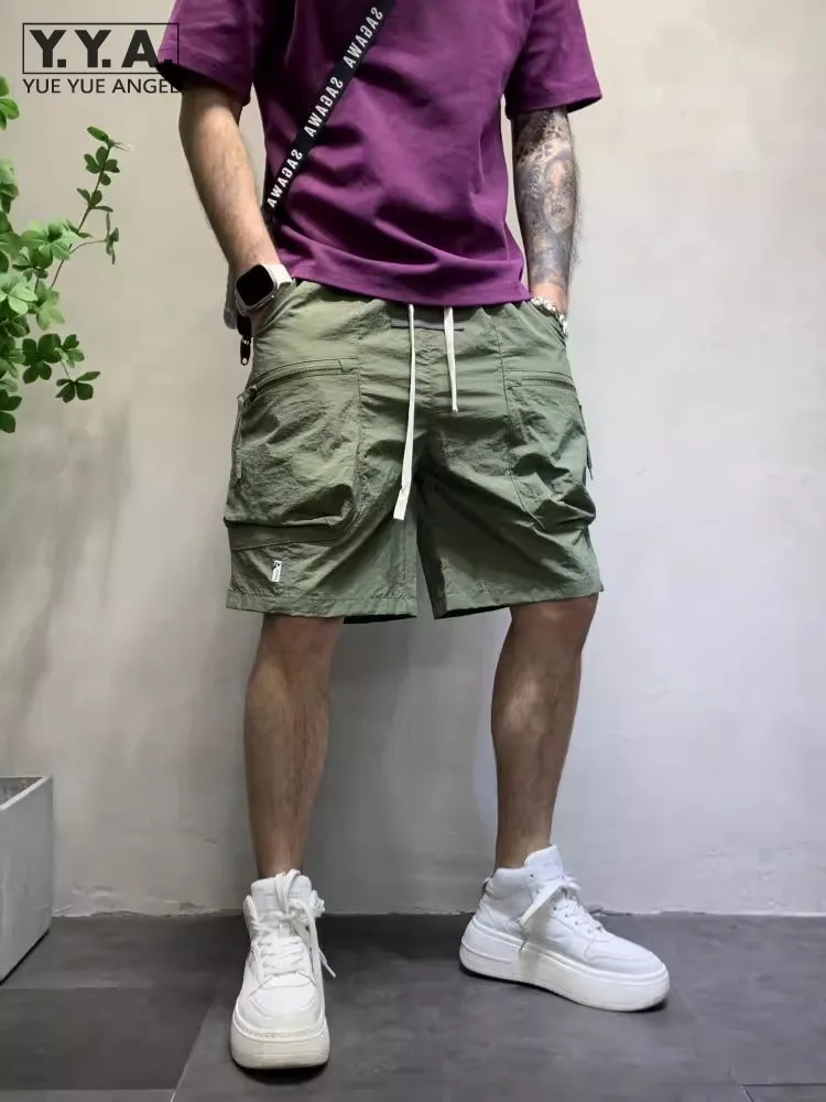 Summer Men Quick Drying Thin Beach Shorts Elastic Waist Knee Length Loose Fit Cargo Shorts Casual Pockets Short Trousers Colors