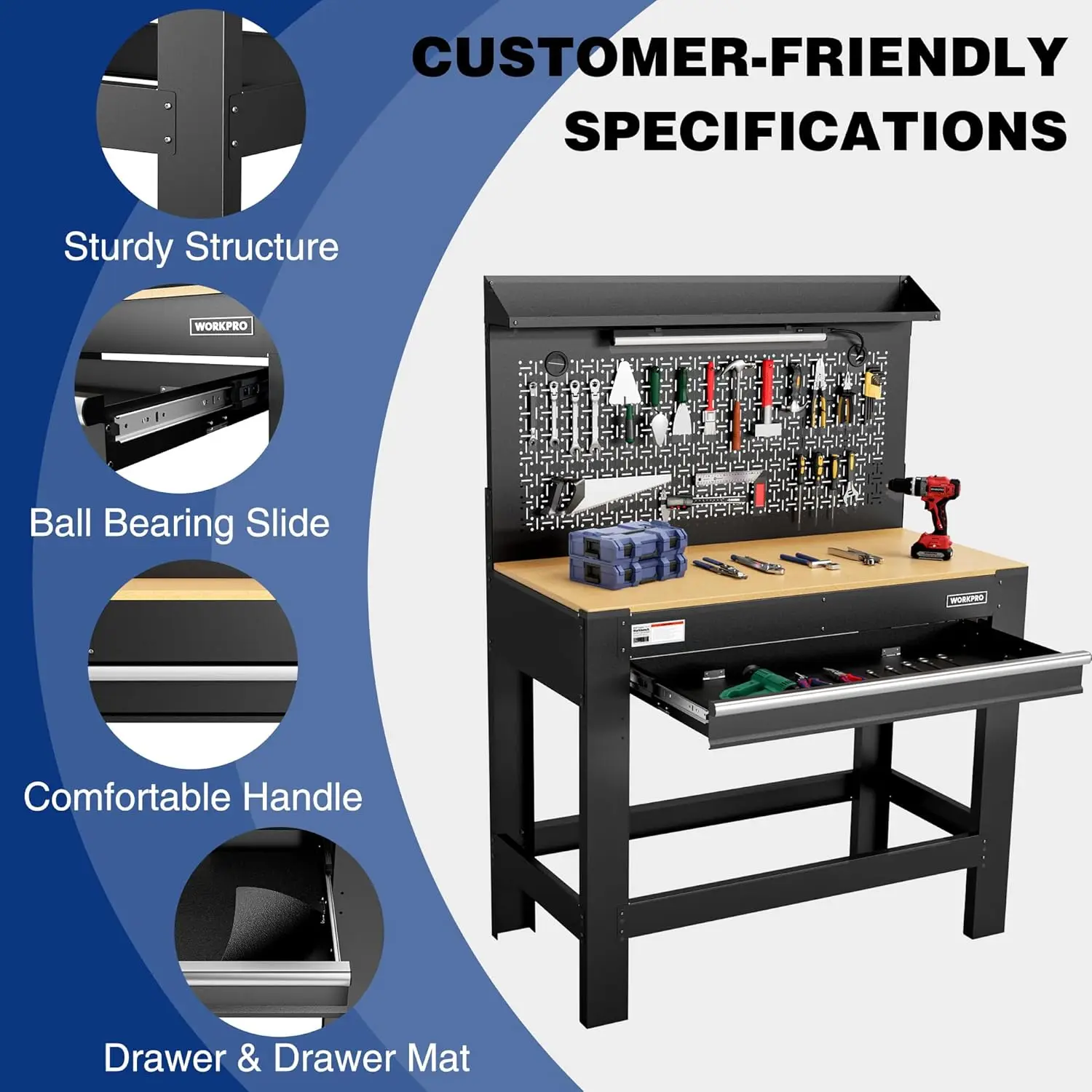 Garagewerkbank met opbergruimte, 45 inch werkbank met ophangbord, stopcontacten en licht, multifunctionele werkbank van 800 LBS