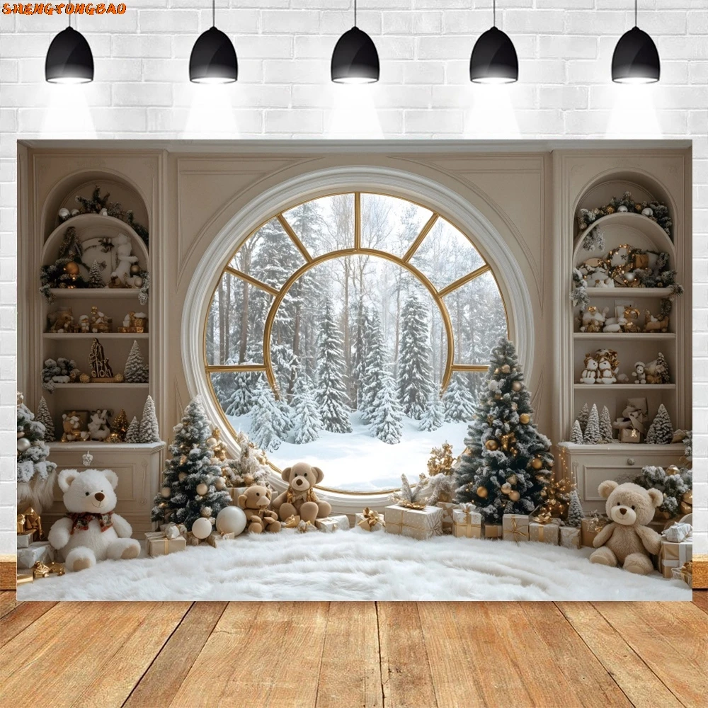 ฉากหลังคริสต์มาสของเล่นหมีตู้ภายในหน้าต่างของขวัญหิมะฤดูหนาวเด็กทารก Portrait Xmas Party การถ่ายภาพพื้นหลัง