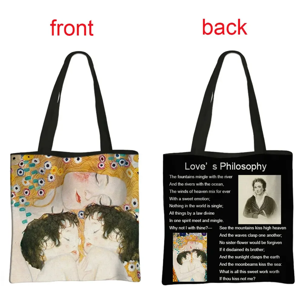 Gustav Klimt Mother And Twins / Kiss Oil Painting Tote Bag Love Philosophy Women Handbags Large Capacity Shopping Bag Gift