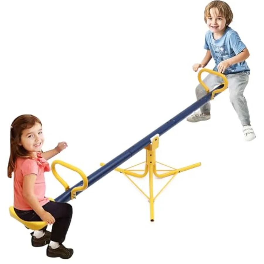 

Outdoor teeter totter for kids aged 4-12, 360-degree rotation sit-and-spin seesaw, durable HDPE plastic, vibrant blue and yello