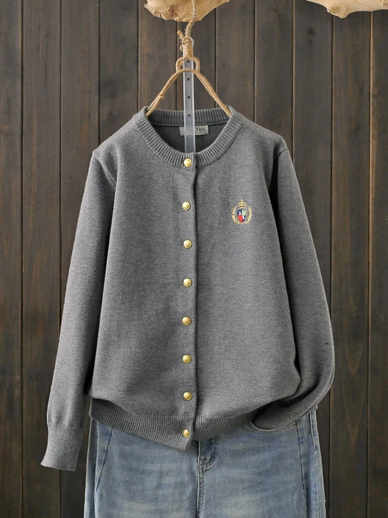 

Autumn Winter Large Size 200 Pou Retro College Sle Embroidered round Ne Open Cardigan Casual Outerwear Knitted Top