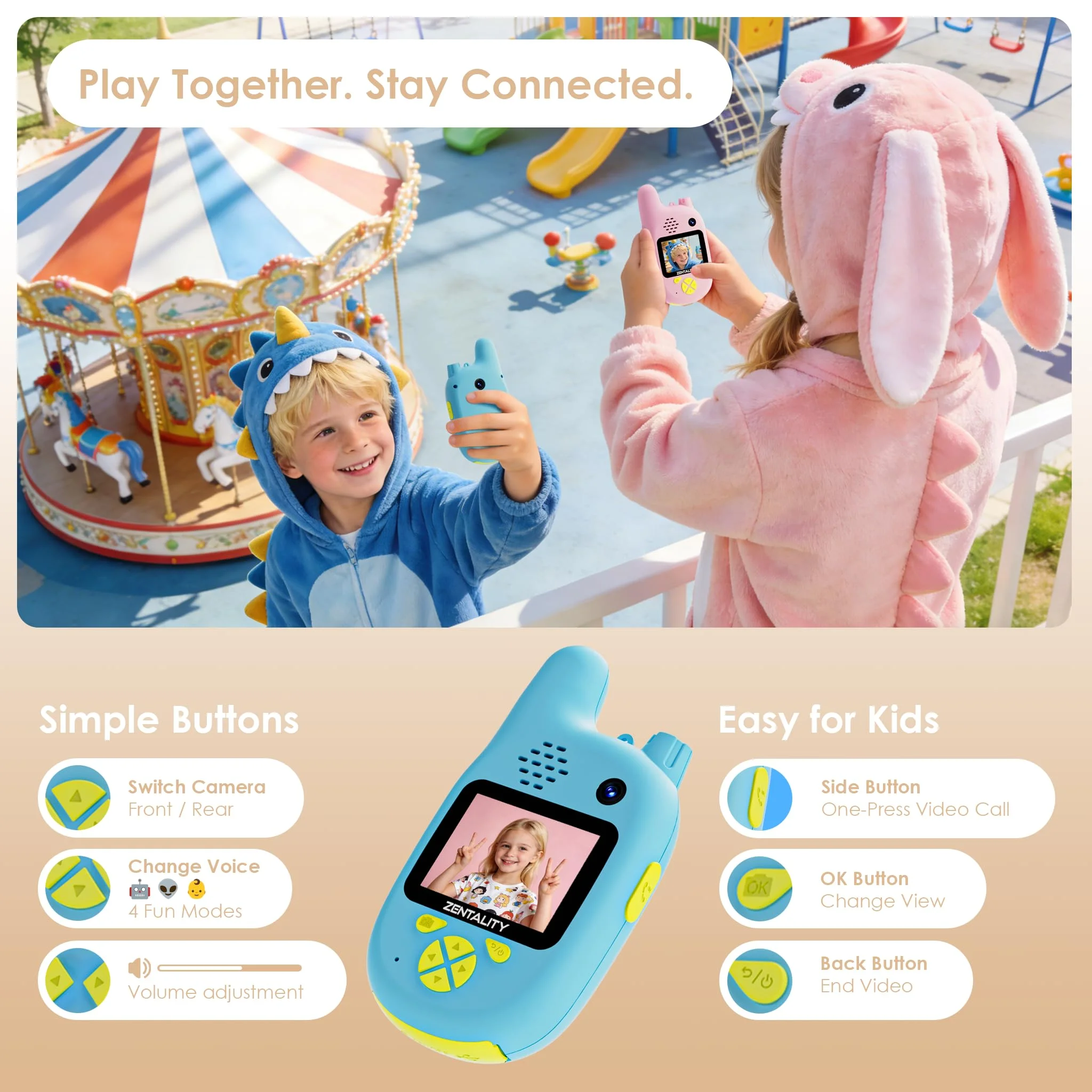 Kids Camera & Walkie Talkie 2.4G 20MP Dual Lens 2-in-1 Toy with CMOS Sensor MicroSD Fixed Focus Full HD Video Two-Way Calling