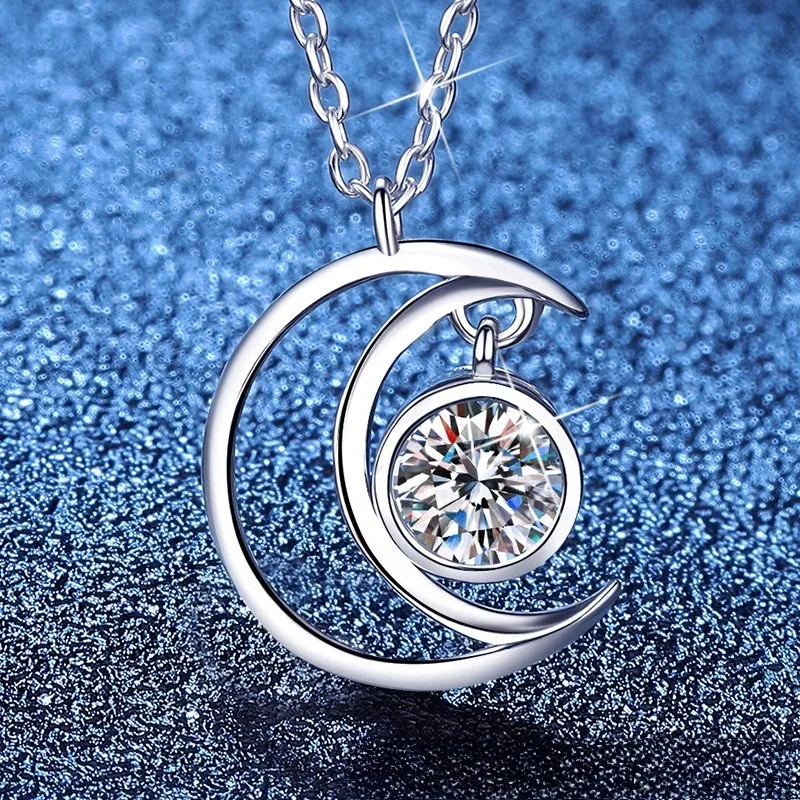 

S925 Sterling Silver Moon Star Pendant Necklace 0.5ct Moissanite Korean Minimalist Dainty Jewelry for Women