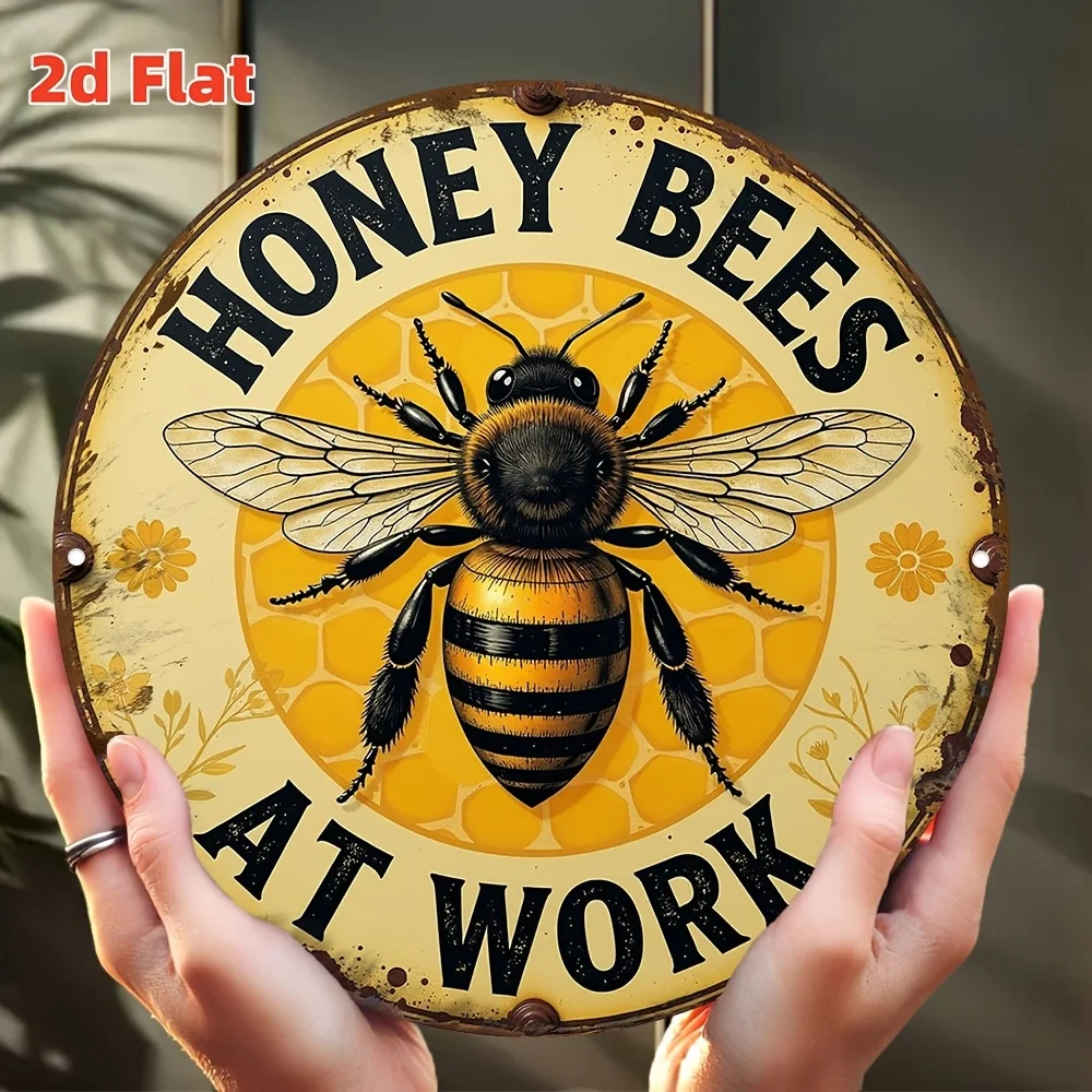 2D Flat, 2D Flat Bee-Themed Round Wall Art Sign - 