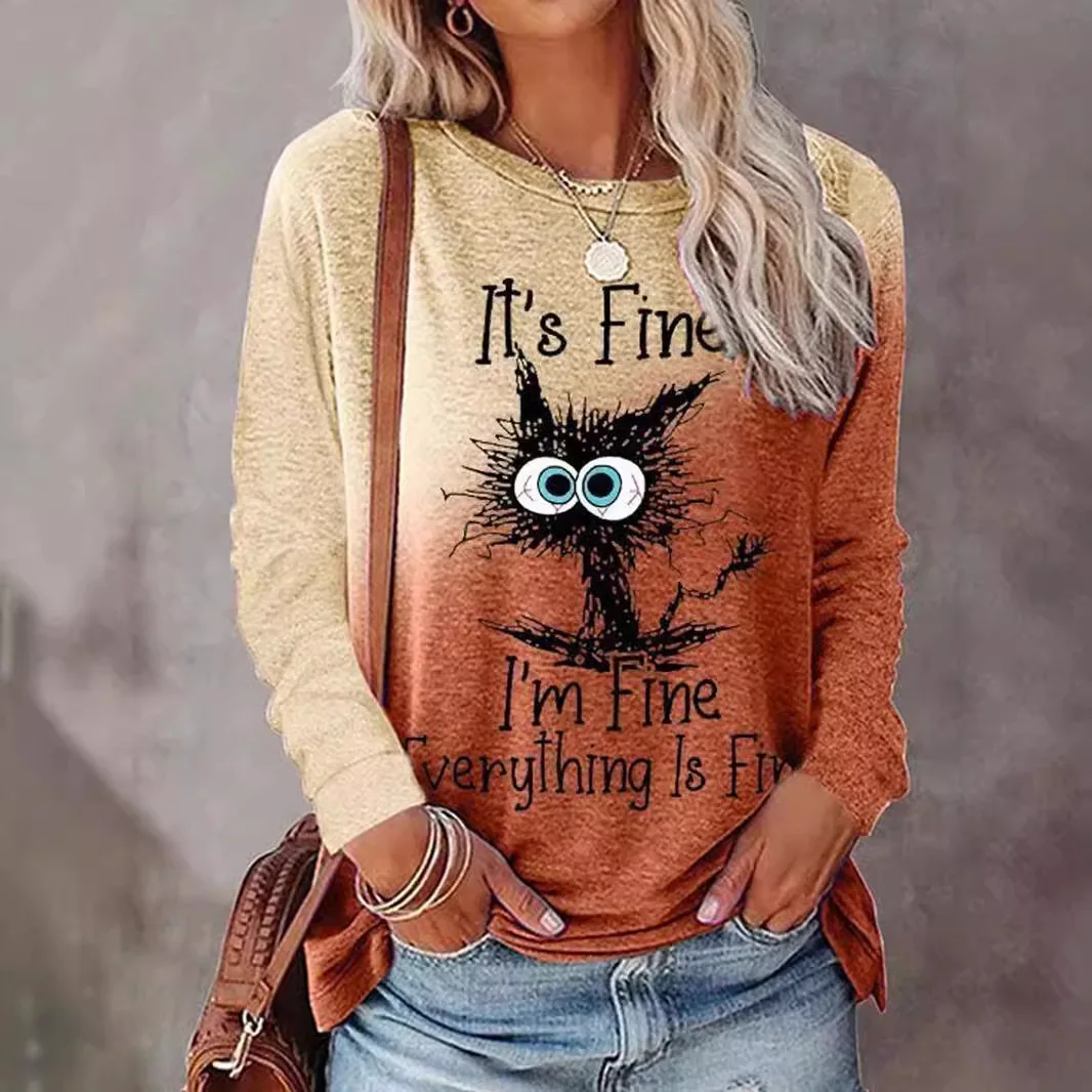 2025 New Summer Women's T-shirt Fashion Trend Cartoon Cat 3D Printing Loose Casual Large Size Long Sleeve in Stock Quick Deliver