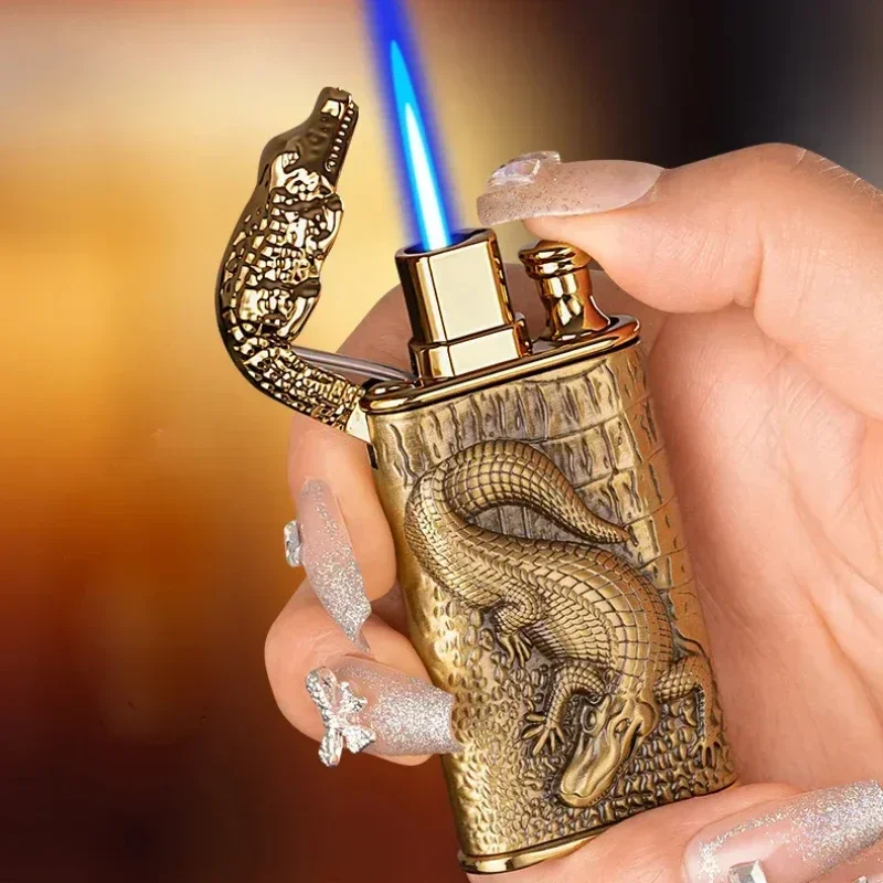 NEW Creative 3D Embossed Crocodile Double Fire Lighter Metal Windproof Jet Fire Open Flame Convertible Gas Lighter Gift