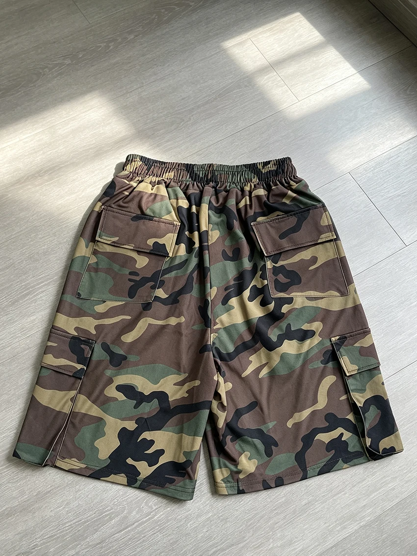 Trendy Camo Print Cargo Shorts For Women Summer Aesthetics Elastic Waist Yellow Drawstring Multi Pocket Streetwear Casual Shorts