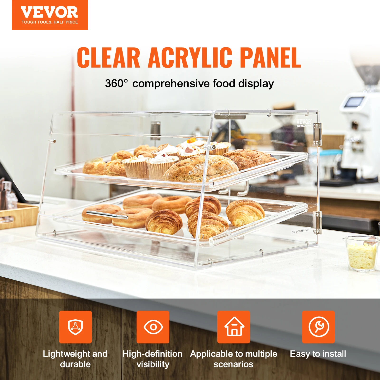 VEVOR 2/3-Tier Commercial Acrylic Pastry Bakery Display Case with Rear Door Access & Removable Shelves for Donut Bagels Cake