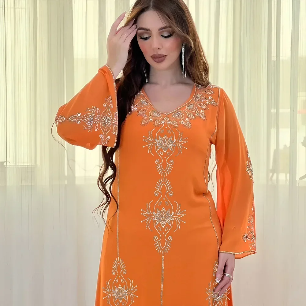 Abito da donna ampio a maniche lunghe Abito elegante musulmano Temperamento Abito stampato per le vacanze Abito da sera per banchetti Dubai Arabia