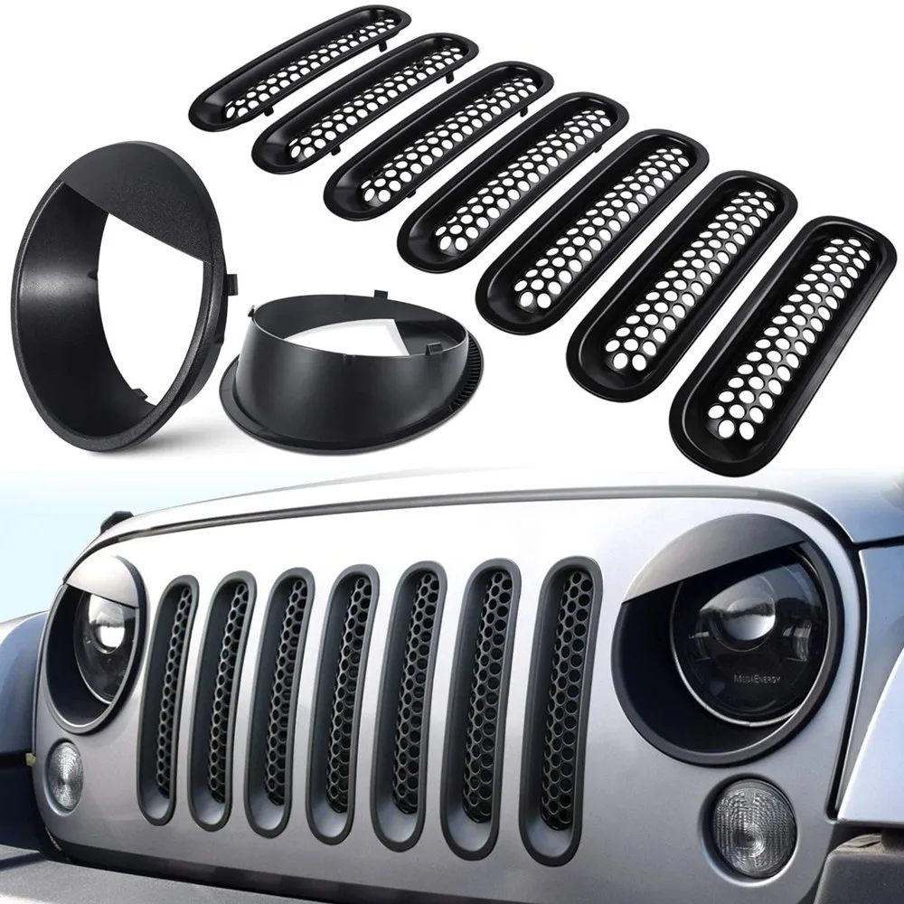 Front Grill Insert Grille Cover For 07-18 Jeep Wrangler JK Front Grille Mesh Inserts & Headlight Cover Frame Car Accessories