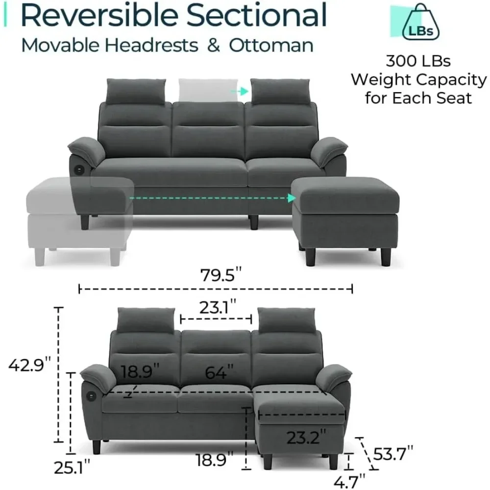 Convertible Sectional Sofa With 2 Removable Headrests, Type-C USB Fast Charging Ports