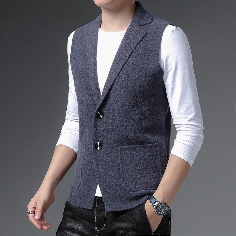 vest Men's wool knitted vest for young and middle-aged casual solid color lapel sleeveless cardigan sweater waistcoat