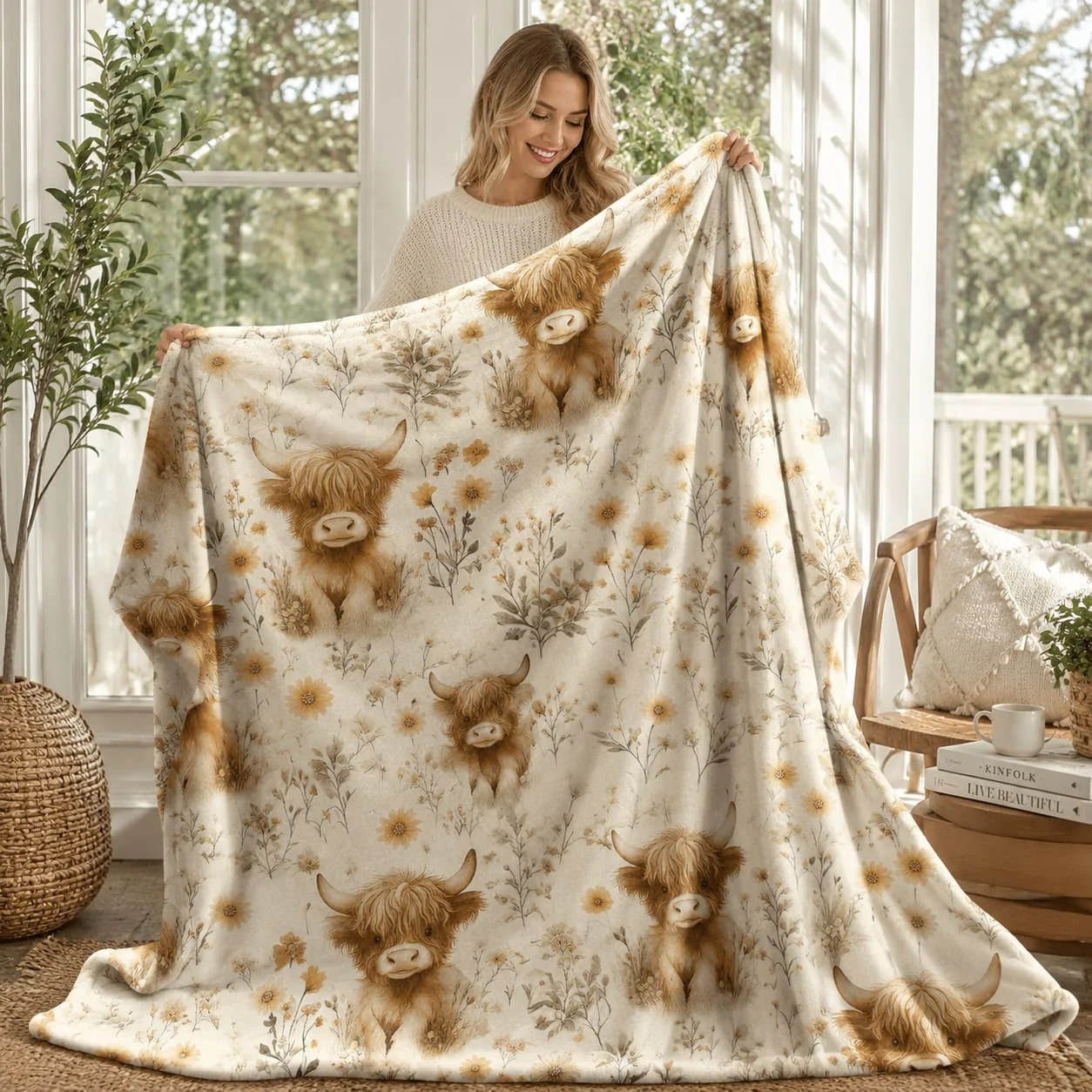 1pc, Vintage Highland Cow And Sunflower Print Soft Fleece Blanket, Single-Sided Print, Soft And Comfortable, All-Season Use, Perfect for Sofa, Bed, Office Nap And Travel, Camping