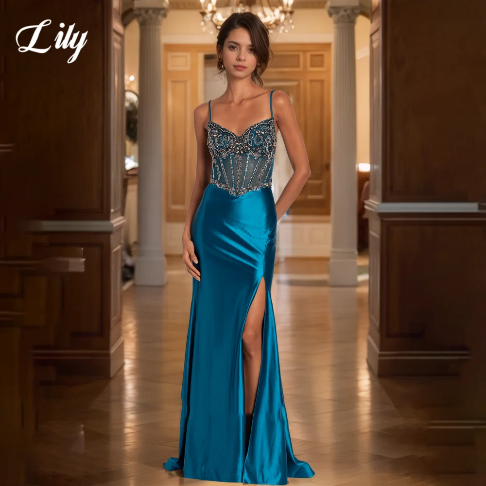 

Lily Blue Elegant Prom Dresses Sweetheart Rhinestones Hollow Party Dress with Back Strap Side High Split Formal Gown Customized