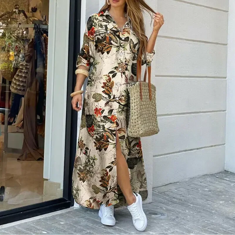 Frauen Langarm Hemd Kleid Frühling Herbst lässig Boho bedruckte Kleider Mode Vestido Einreiher Knopf Party weibliche Maxi