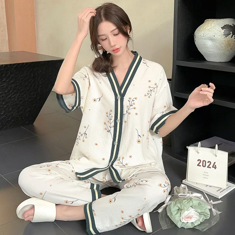 2PCS/Set Large Size Korean Version of the Casual Classic Sweet Purple Floral Pajamas Short-Sleeved Long Trousers Casual Homewear