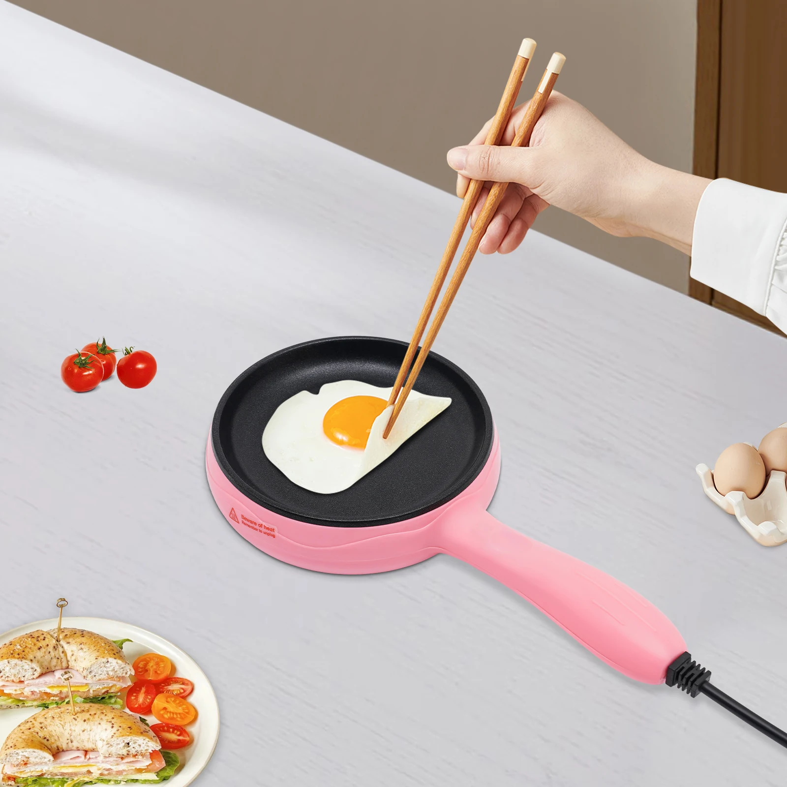 Nonstick Electric Skillet Fry Pan,Pink Mini Frying Pan, 180°C/356°F for Frying Eggs, Dumplings, Bacon, Sausage