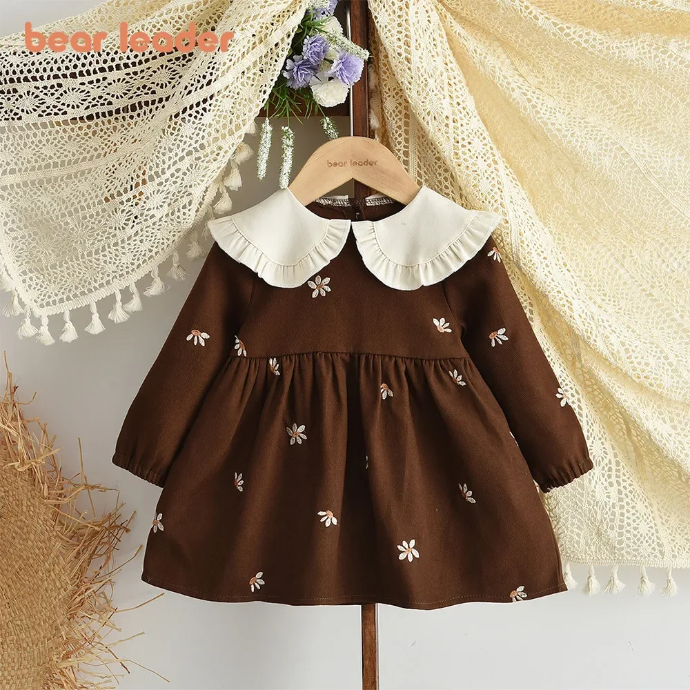 Bear Leader Autumn Coffee Colored Baby Girl Dresses Embroidered Flower Lapel Long Sleeved Dress 1-3 Years Children's Plain Wear