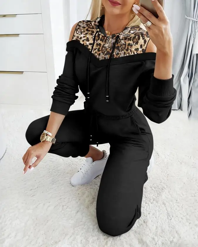 

2 Pieces Sequin Decor Leopard Print Spliced Cold Shoulder Hoodie Sweatshirt Drawstring Elastic Waist Jogger Sweatpants Set 2025