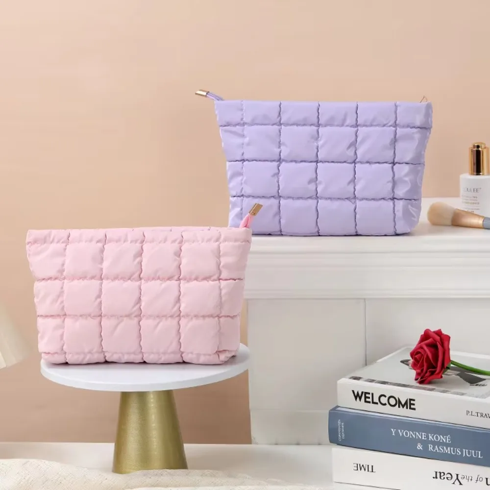 

Portable Large Capacity Cosmetic Bag Cotton Bubble Texture Makeup Bag Pure Color Zipper Bag Travel