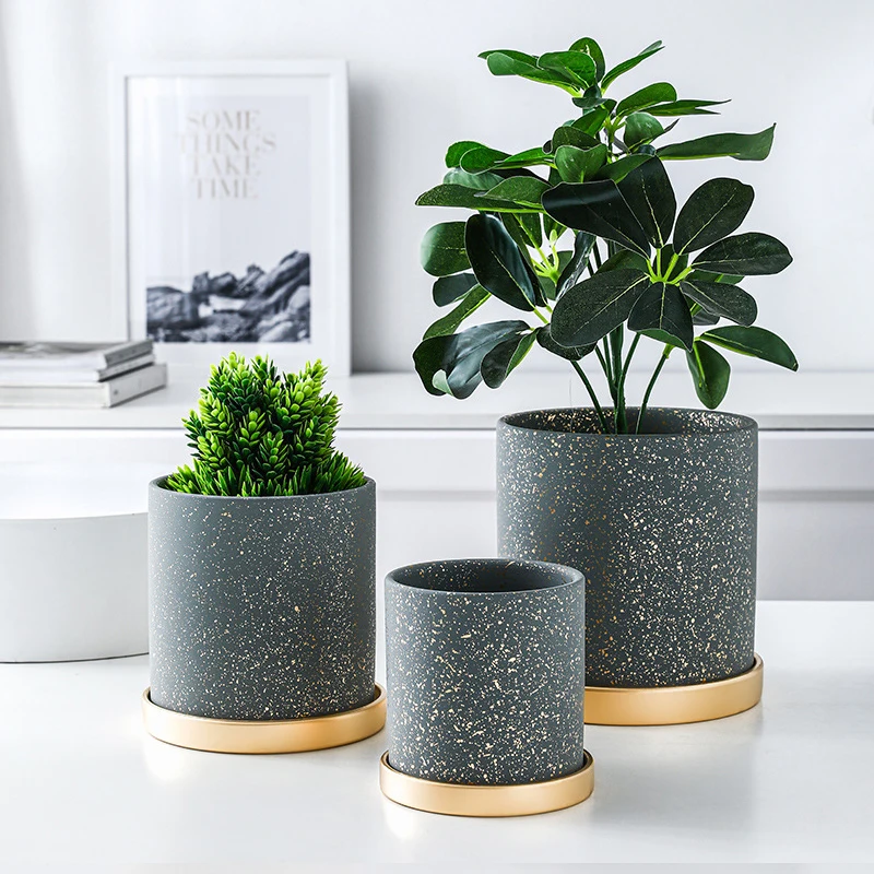 Nordic Ins Light Luxury Matte Ceramic Flower Pot With Tray Cylindrical Green Plant Potted Home Garden Decoration