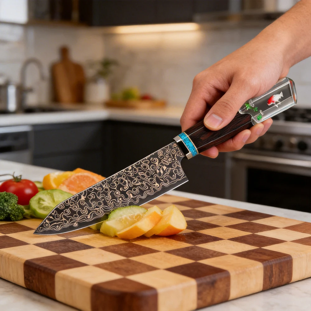 Japanese Kitchen Knife 5 Inch Utility Knife Copper Damascus Steel Sharp Cooking Knife Octagonal Ebony & Transparent Resin Handle