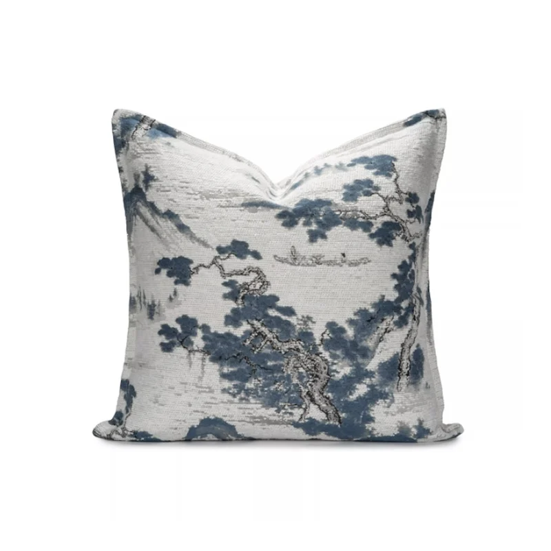 Wabi-Sabi Ink Painting Pillow Cover | Jacquard Landscape Print Cushion Case | Minimalist Oriental Sofa Bedroom Decor Throw