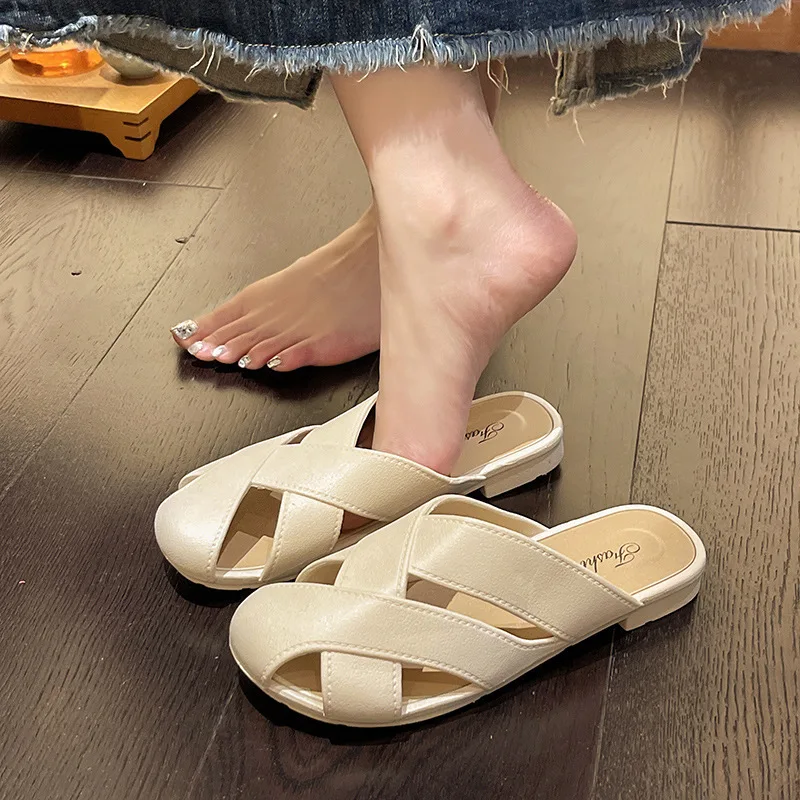 Comfortable Woven Hollow out Slippers for Women round Toe Flat Heel Anti-Slip Casual Faion Single oes Lightweight Slip-On