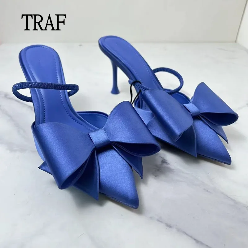 

Женские босоножки с бантом на каблуке TRAF, синие туфли с ремешком на пятке, с острым носком, элегантные свадебные туфли на высоком каблуке, 2024