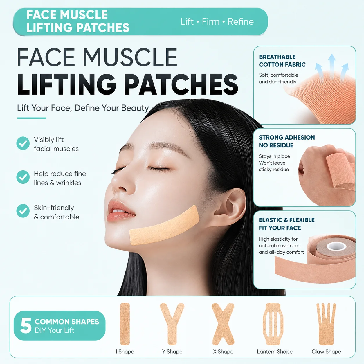 Cinta elástica de kinesiología para levantamiento facial, parche antiarrugas para reafirmar la línea de la mandíbula y tensar la piel, cuidado de belleza