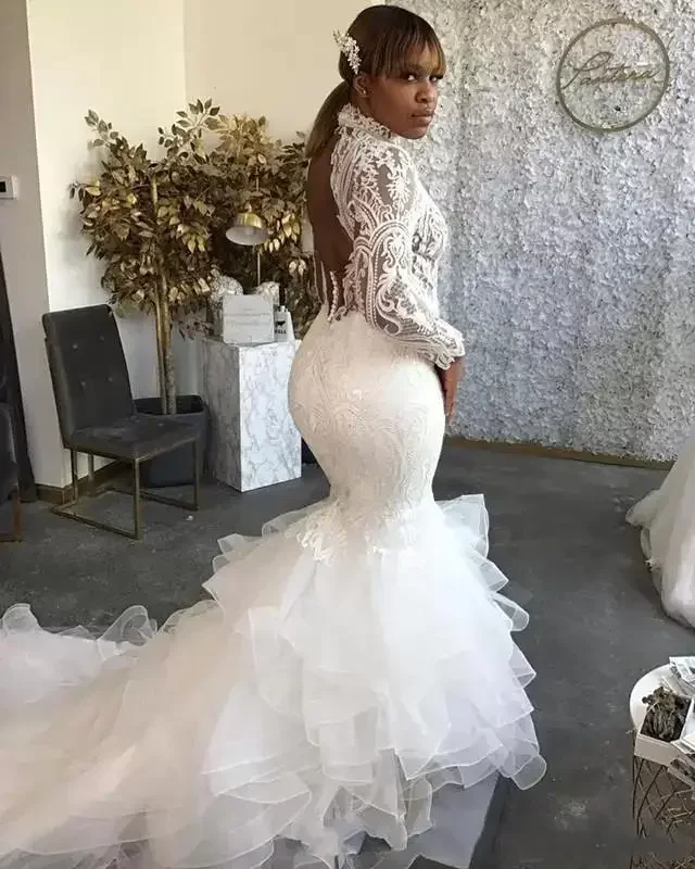 

Customized High Collar Mermaid Wedding Dresses Plus Size South African Lace Illusion Top Ruffles Sweep Train Bridal Gowns Backle