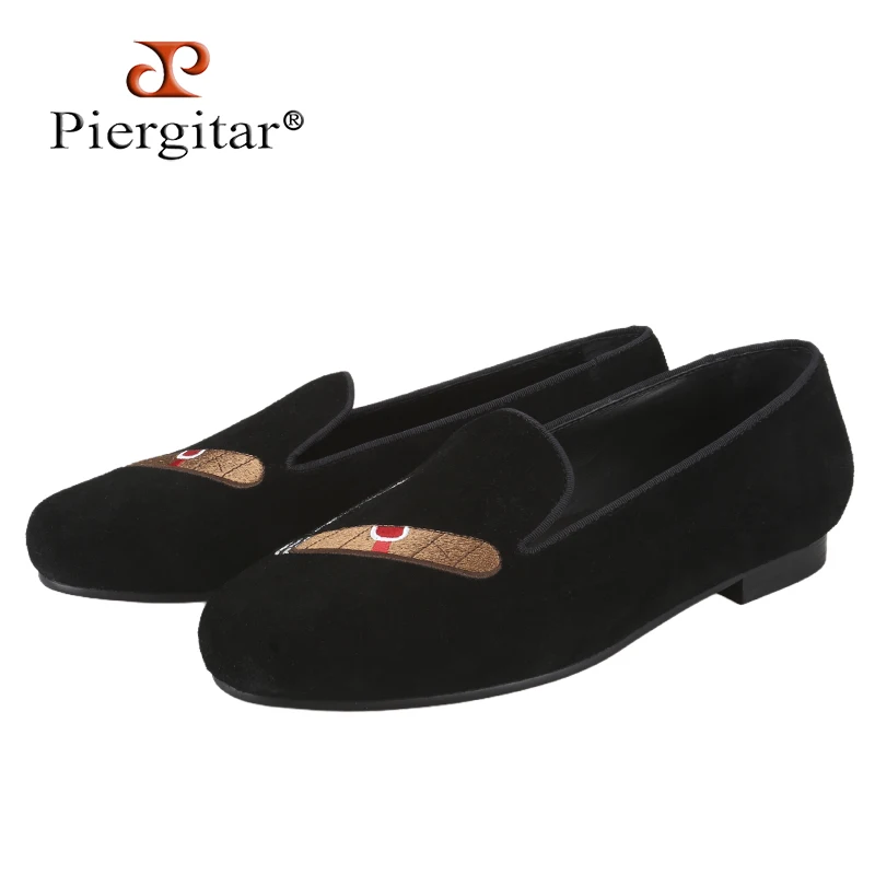 

Piergitar New Style Black Suede Slip-On Loafers With Custom Cigars Embroidery Handmade Men's Moccasin Shoes CL Same Red Outsole