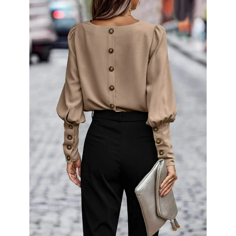 

Women Autumn New Design Loose Single Row Button-Up Fashion Innerwear T-Shirt French Pure Color Round Neck Long Sleeve Shirt