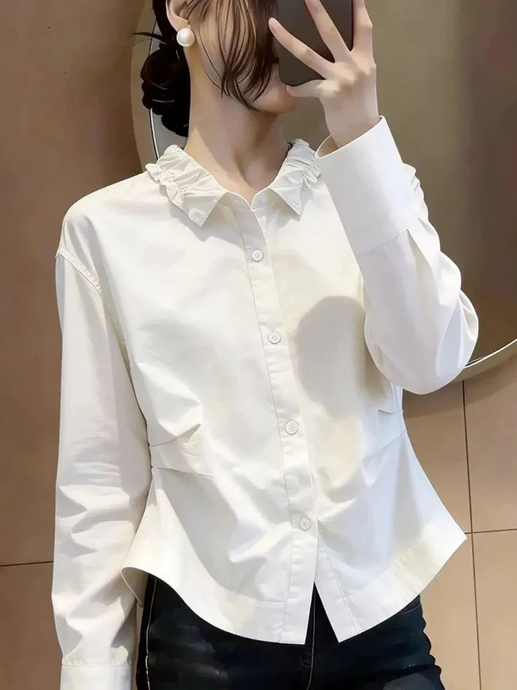 

Slim Ruched White Shirt Women Fashion Fall Long Sleeve Sweet Blouse Casual Preppy Style Chic Female Elegant Ins All Match Tops
