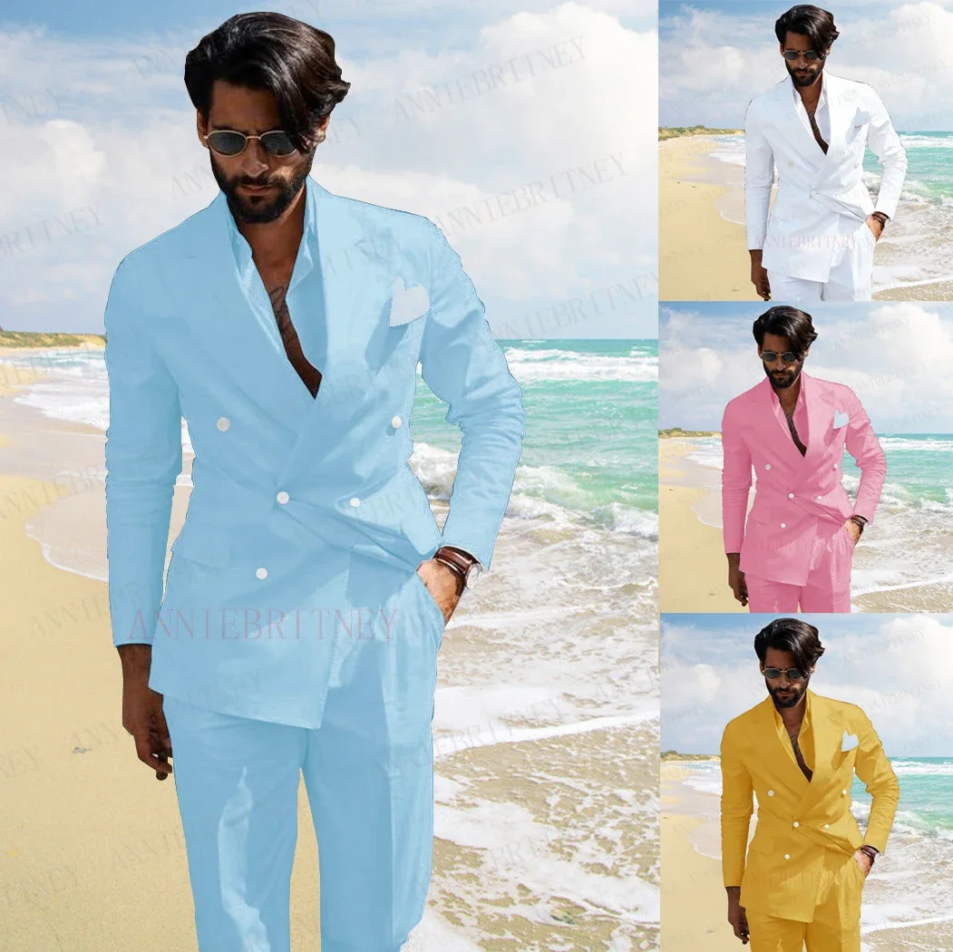 

New Summer Men Suit Sky Blue Linen Beach Double Breasted Blazer Custom Slim Fit Groom Best Man Wedding Tuxedo Jacket Pants Set