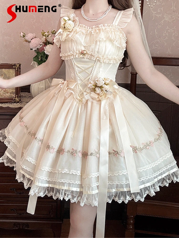 

Elegant Sweet Ballet Princess Cake Fluffy Dresses Square Neck Flying Sleeve 3D Flower Lace Bow High Waist Lolita JSK Dress Women