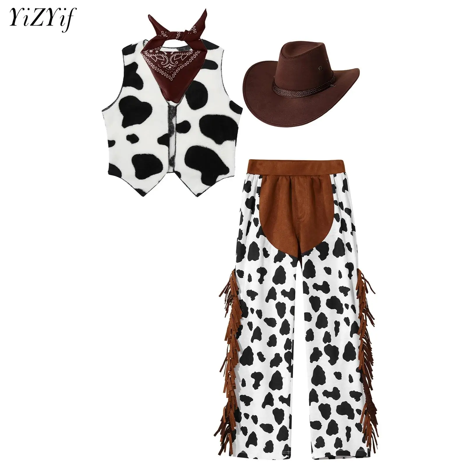 

Kids Western Cowboy Cowgirl Costume Halloween Cosplay Dress Up Printed Vest Fringed Pants with Bandanna Hat for Roleplay Party