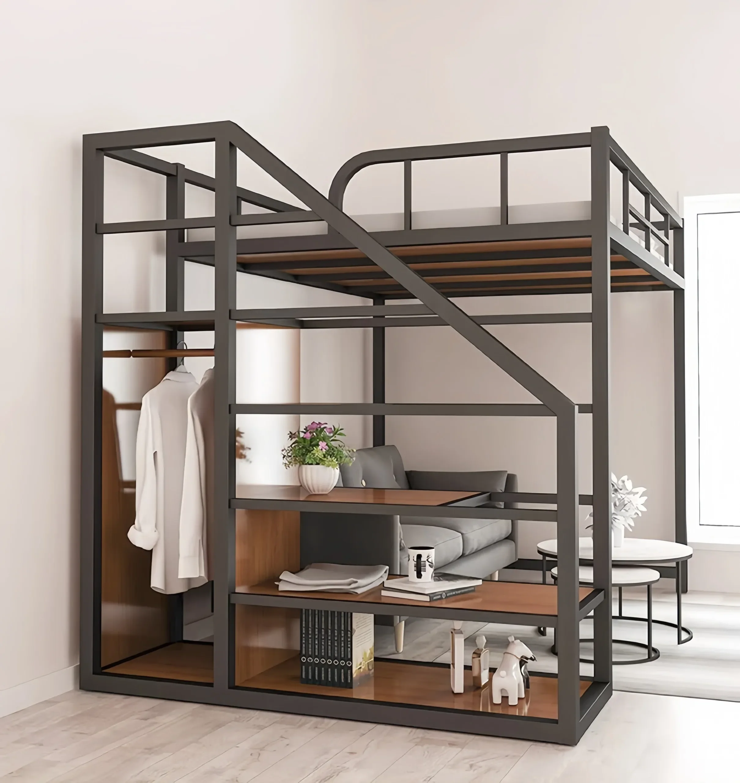 Luxury design, space saving, metal frame bed, furniture staircase bunk bed bedroom