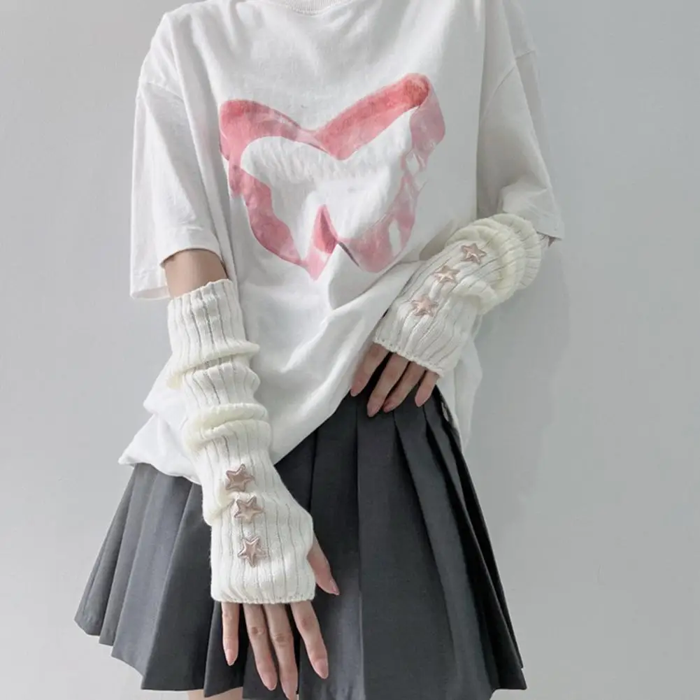 Star Knit Arm Warmers for Women Girls  Fingerless Gloves Gothic Lolita Style Striped Crochet Sleeves for Cosplay Daily Wear