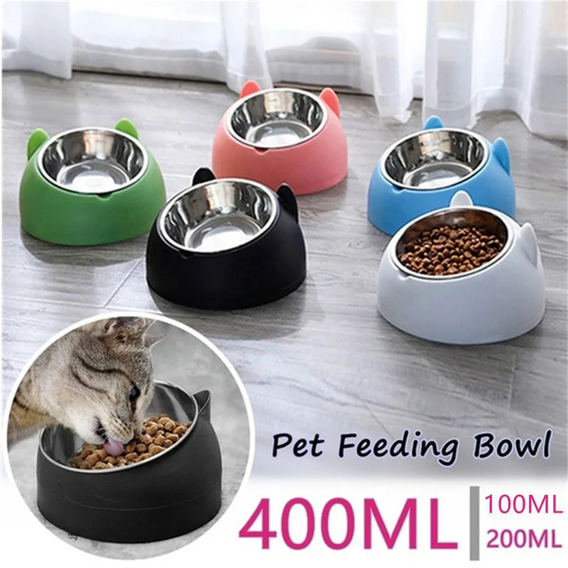 Stainless Cat Bowls Non-slip Base Pets Puppy Dog Food Water Feeder Bowl Neck Protection Dish Pet Bowl 15 Degrees Bowl Pet Supply