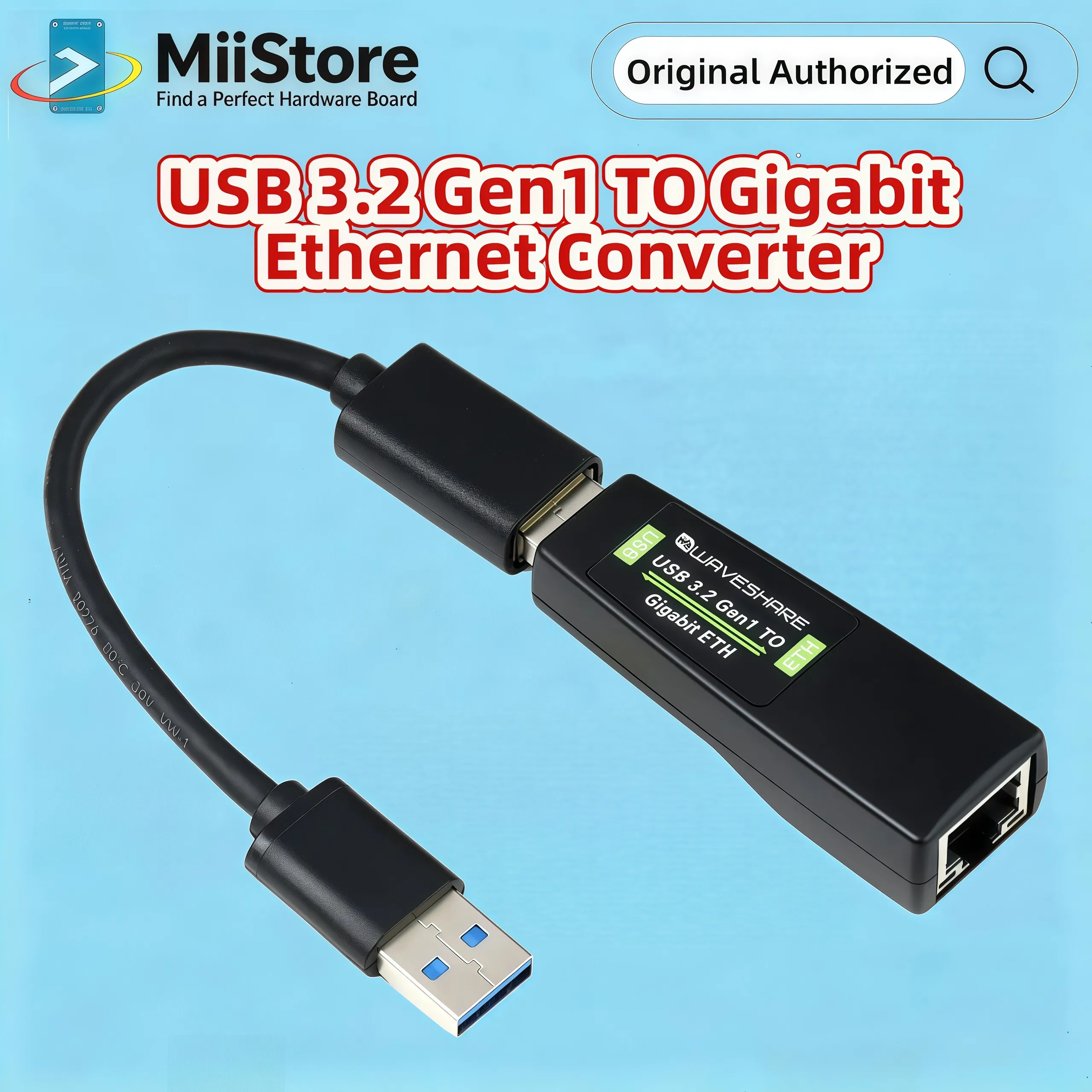 Waveshare USB 3.2 Gen1 TO Gigabit Ethernet Converter, Driver-Free, Plug and Play, Multi Systems Compatibility