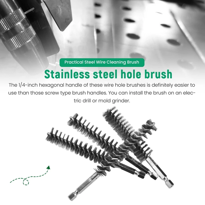 10Pcs Stainless Steel Bore Brush In Different Sizes 1/4Inch Hex Shank,Wire Brush Attachment For Drill Set