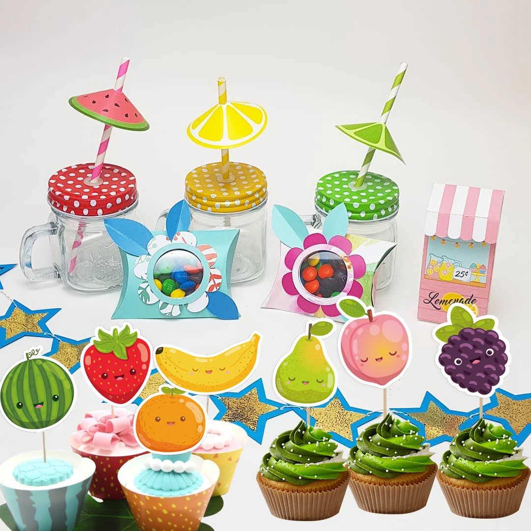 24 stücke Sommer Obst Cupcake Topper Erdbeer Banane lächelnde Topper für Kinder Sommer Obst Geburtstags feier Dekoration liefert