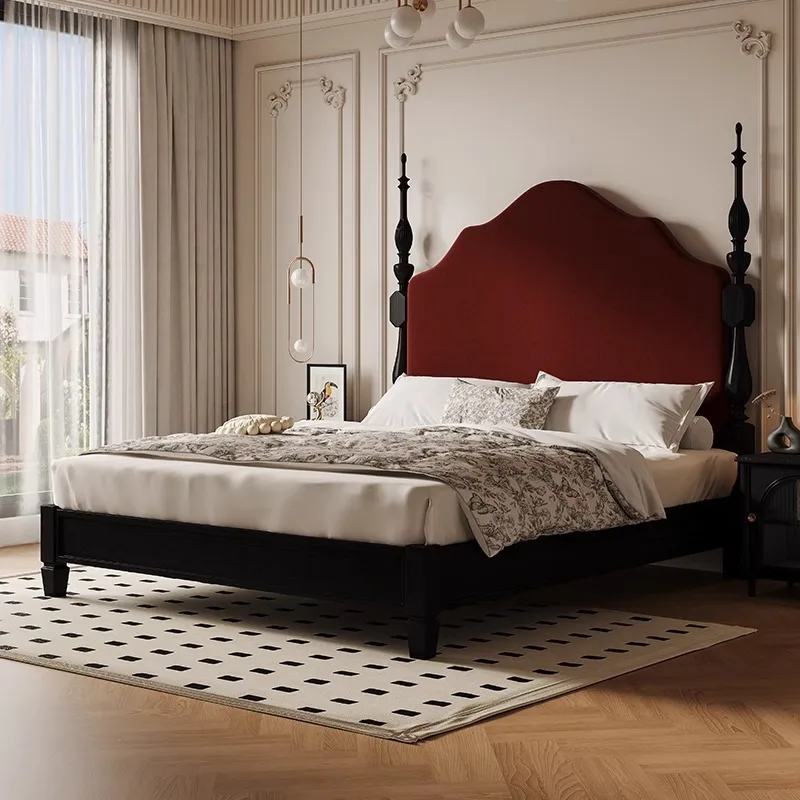 Retro solid wood bed 1.8 meters master bedroom soft bag high backrest big bed modern simple