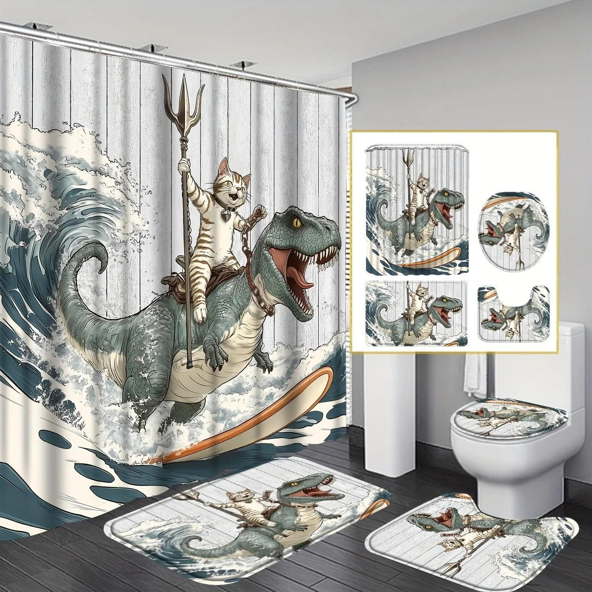 4pc Funny Cat Shower Curtain Set, Cat Riding Dinosaur Surfing Ocean Waves, Japanese Wave Bathroom Decor