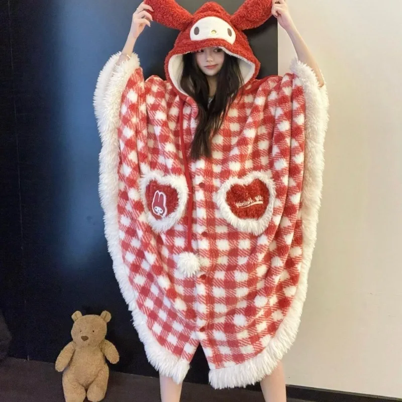 

Cartoon Sanrio My Melody Plaid Red Cape Women's Home Clothes Autumn and Winter with Fleece Warm Hooded Cape Shawl Home Clothes