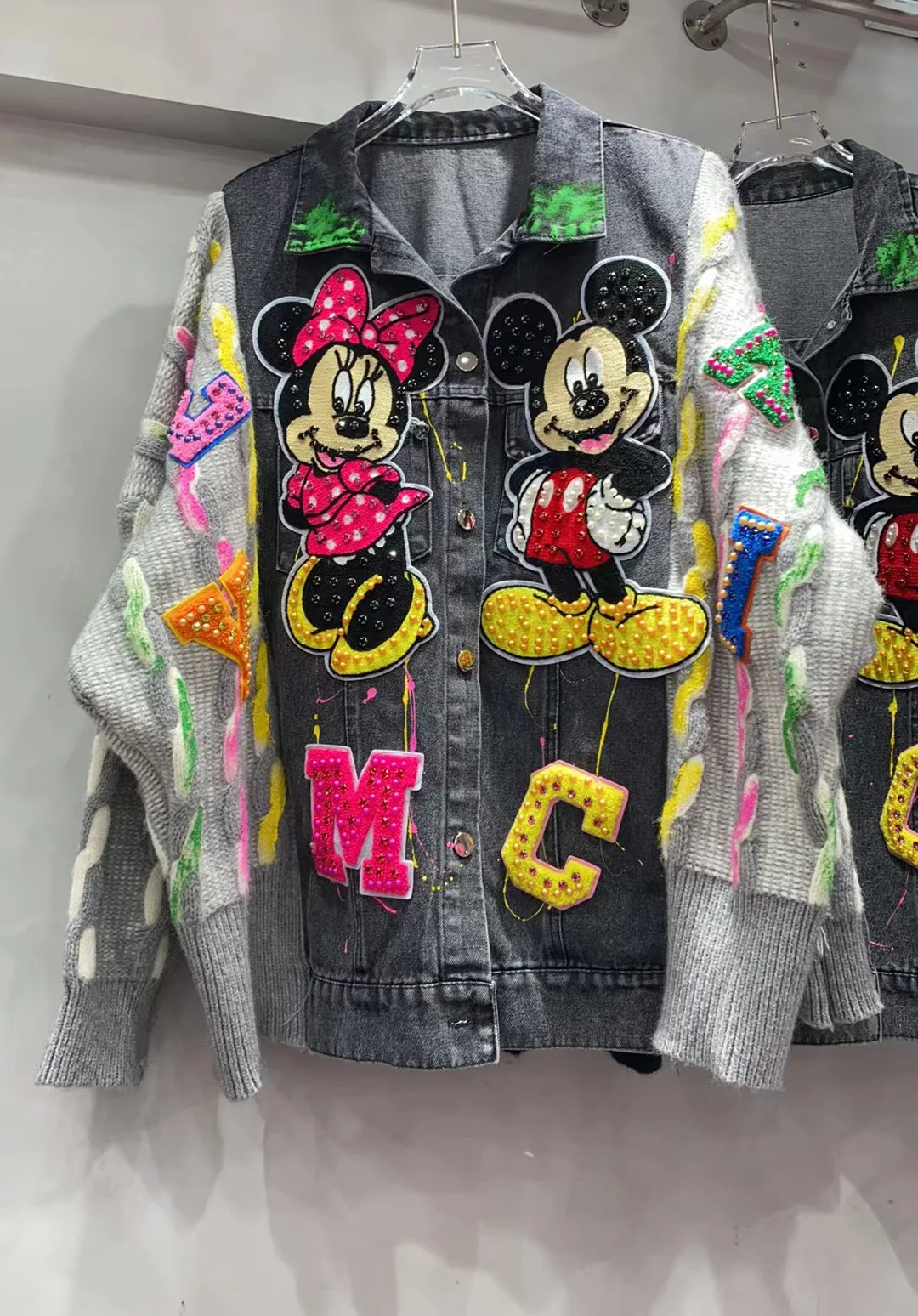 Spring Autumn Heavy Industry Embroidery Patch Knitted Splicing Denim Jacket Women Loose Lapel Single-breasted Rhinestone Jacket